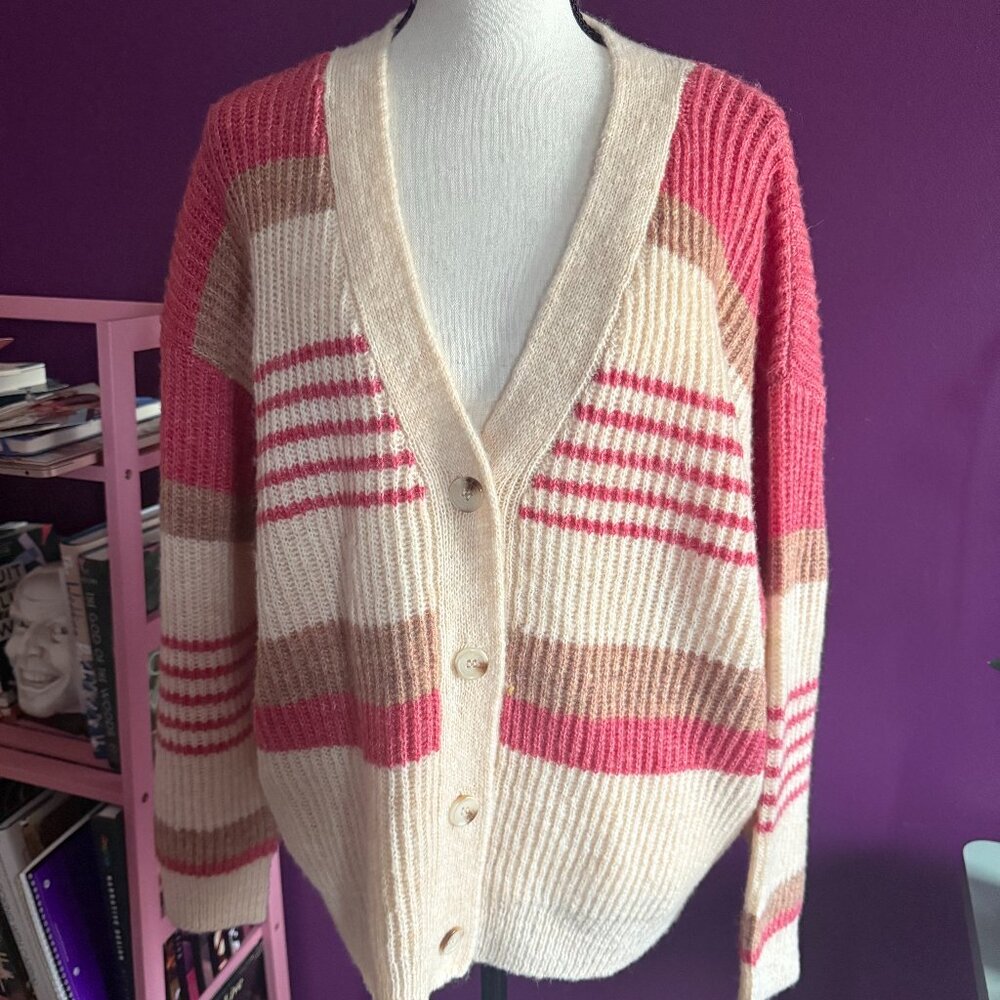 Botanik Studio Cream, Tan, and Rose Striped Cardigan Size L